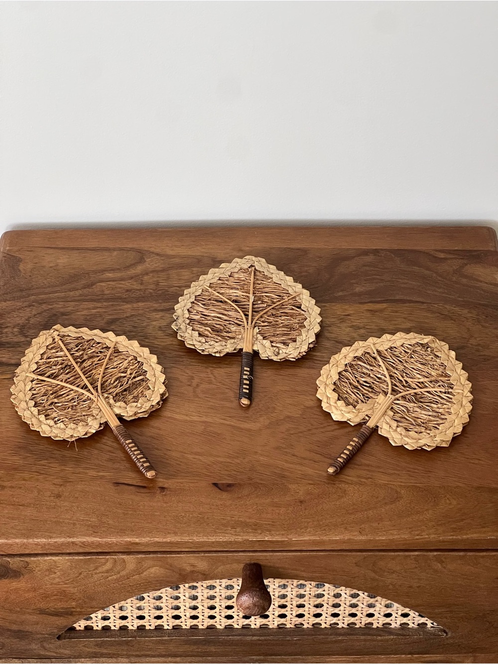 Handwoven Natural Straw Leaf Fans - Set of 3